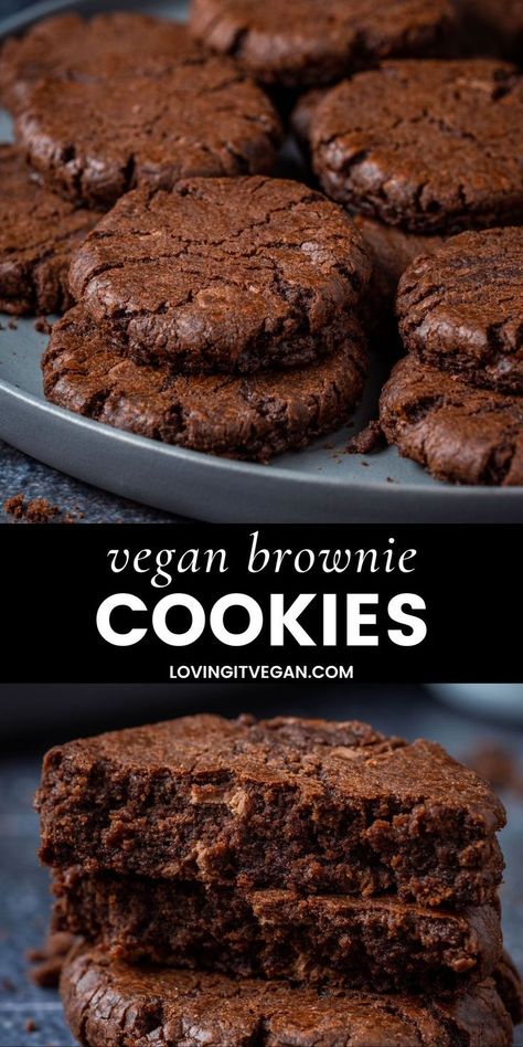 Vegan Brownie Cookies Recipe Simple Vegan Cookies, Vegan Brownie Cookies, Best Vegan Cookie Recipe, Vegan Baked Goods, Vegan No Bake Cookies, Vegan Holiday Cookies, Vegan Chocolate Cookies, Vegan Brownies, Vegan Cookie