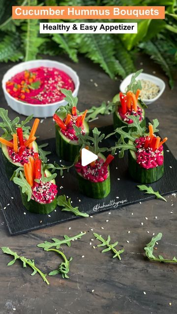 Ritu Khemka on Instagram: "Cucumber Hummus Bouquet 

These cucumber hummus bouquets are sure to impress your guests at your upcoming party 😍 

Easy to make, healthy, vegan, gluten-free and loaded with fiber, protein, iron, folic acid and micronutrients. An ideal recipe for breakfast, lunch, kid’s tiffin box,  post workout, evening snack and party appetizer😍

📌 Save & Share the recipe!
Follow @thehealthyrasoi for more

Ingredients:-
For hummus:-
1 cup chickpeas, boiled 
1 medium size beetroot, boiled
2 tbsp white sesame seeds, roasted 
2-3 cloves garlic 
1-2 green chilies or 1/2 jalapeño pepper 
2 tbsp olive oil 
1/2 lemon juice 
1 tsp salt or as required 
1/2 tsp black pepper 
1/4 cup water or as required 
Grind everything into a smooth and creamy paste. Do not add too much water.

For Cucumber Hummus, Cucumber Snacks, Cucumber Cups, Yoga Food, Recipe For Breakfast, Cucumber Bites, Mint Water, Tiffin Box, Party Appetizer