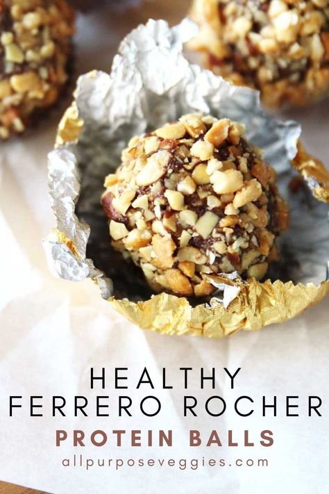 Try this healthier version of Ferrero Rocher chocolates made with just 5 ingredients. Packed with protein, nutrients, and fiber, they make a guilt-free and delicious snack!  #proteinballs #ferrerorocher #healthysnacks Churro Protein Balls, High Protein Snack Recipes, Homemade Snacks Recipes, Protein Balls Healthy, Energy Bars Recipe, Meal Prep Snacks, Ferrero Rocher Chocolates, Sugar Free Treats, Guilt Free Snacks