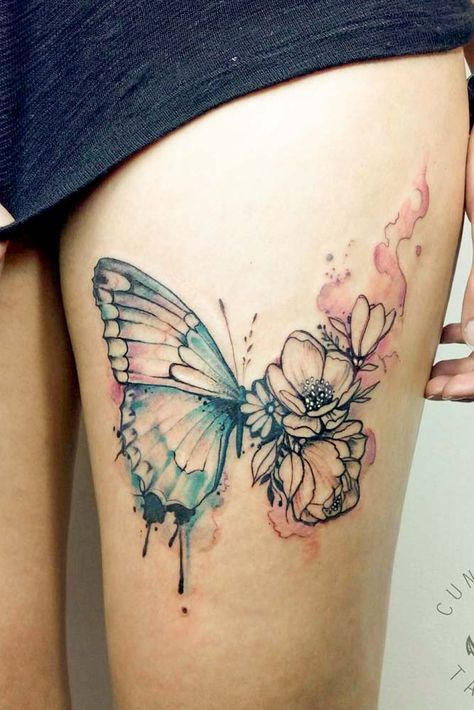 Butterfly And Flower Tattoos #flowertattoo Thyroid Tattoo, Meaningful Butterfly Tattoo, Watercolor Butterfly Tattoo, Butterfly Tattoos Images, Tattoo Guide, Meaningful Wrist Tattoos, Butterfly Wrist Tattoo, Flower Thigh Tattoos, Small Butterfly Tattoo