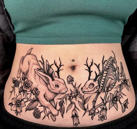 Color Stomach Tattoos, Rabbit Stomach Tattoo, Rabbit Chest Tattoo, Mythical Creatures Tattoo Sleeve, Wet Specimen Tattoo, Inky Cap Mushroom Tattoo, Cryptid Tattoo Ideas, Full Stomach Tattoo Woman, Milkweed Tattoo