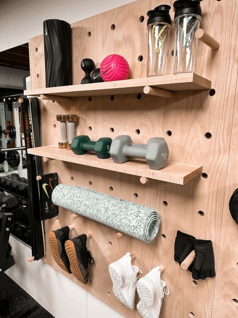 From Storage Space To Home Gym - Reveal & Sources - Living with Lady Diy Gym Pegboard, Pegboard Exercise Equipment, Gym Equipment Storage Wall, Workout Wall Storage, Workout Equipment Storage Living Room, Gym Pegboard Storage, Home Gym Weight Rack, Ikea Home Gym, Gym Storage Wall