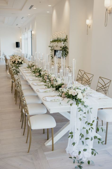 Kings Table Centerpiece, White Flowers Rectangle Table, White Farm Table Wedding, Long Table Wedding Centerpieces Candles White Flowers, Kings Table Wedding Centerpieces, White Rose Table Decor, Long Table Flower Arrangements, Anniversary Aesthetic, Wedding Farm Table