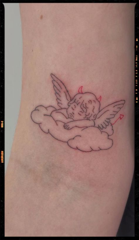 Angel With Horns Tattoo, Demon Angel Tattoo, Angel And Demon Tattoo, Angel And Devil Tattoo, Angel Demon Tattoo, Angels Tattoo, Baby Angel Tattoo, App Filter, Devil Tattoo