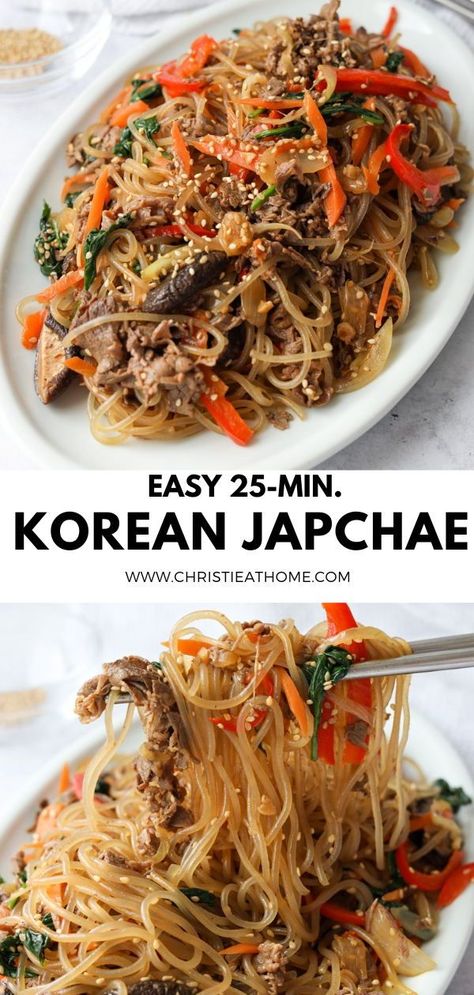 Easy 25-min. Japchae aka Korean glass noodle stir-fry. Chewy sweet potato starch noodles with marbled beef, colorful stir-fried vegetables in a sweet soy sesame sauce #japchae recipe korean #jap chae recipe korean #japchae recipe easy #korean dishes #japchae aesthetic