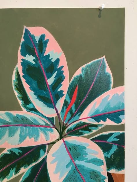 Ruby Rubber Plant, Plant Still Life, Botanic Painting, Acrylic Inspiration, Wal Art, Posca Art, Rubber Plant, Abstract Art Inspiration, Plant Painting