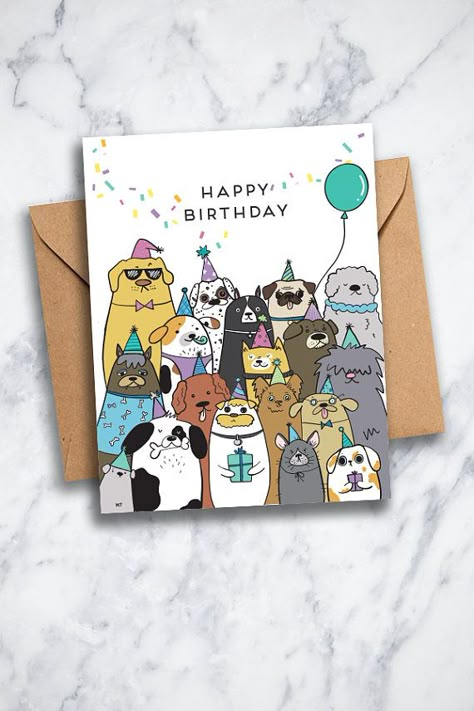 Digital Art Birthday Card, Birthday Cards With Dogs Handmade, Cute Dog Birthday Cards, Cool Handmade Cards, Dog Birthday Card Ideas, Cute Birthday Cards Handmade, Cute Birthday Card Drawings, Cute Gift Drawing, Happy Birthday Card For Friend