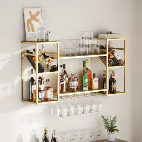 PRICES MAY VARY. Dimension of 47.3"L x 23.6"W x 9.9" H. The liquor shelve is made of high-quality metal material, sturdy and durable. Designed with the glasses racks, holds up to 30 bottles and 12 glasses. The bar shelves has a multi-layer design, allowing for the simultaneous storage of various wine bottles, providing ample storage space and convenient arrangement and access to wines. Perfectly fit for wine cellar, bar or pantry,busniess occasion. Also your bedroom,hallways,hotels and restauran Bar Shelves Gold, Glass Racks Shelves In Kitchen, Mini Bar Shelves, Bar Nook With Floating Shelves, Beverage Station With Floating Shelves, Mini Bar Shelf, Corner Bar In Living Room, Home Bar Display Ideas, Decorating Bar Shelves