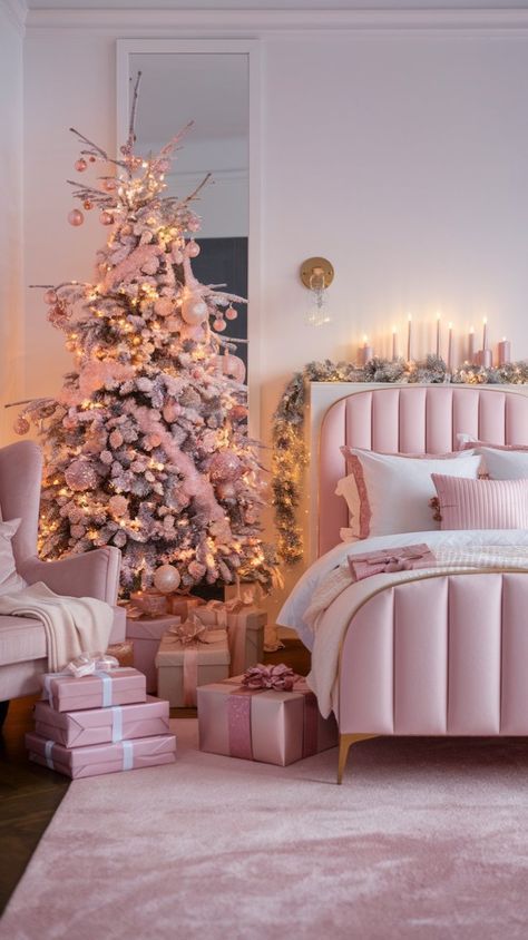 Pink Christmas Bedroom Ideas, Modern Pink Christmas, Christmas Room Inspiration, Pink Christmas Bedroom, Rugs Cozy, Christmas Decor Bedroom, Cozy Christmas Bedroom, Christmas Bedroom Decor Ideas, Streaming Background