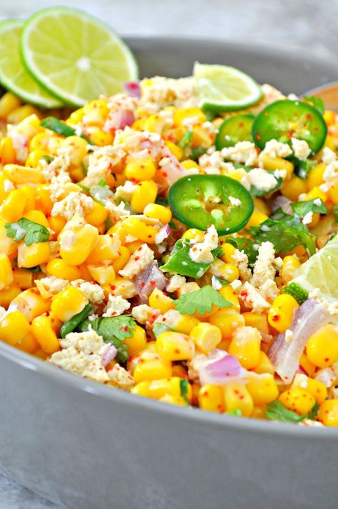 All the traditional flavors of Mexican street corn made vegan with the help of salt baked tofu turned into vegan Cojita cheese. It is easy and amazing! Corn Salad Vegan, Vegan Mexican Street Corn, Street Corn Salad Recipe, Mexican Street Corn Salad Recipe, Street Corn Salad, Corn Salad Recipe, Mexican Corn Salad, Mexican Salads, Mexican Street Corn Salad