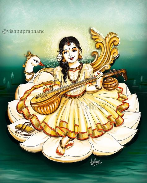 Happy Saraswati Puja, Saraswati Painting, Vasant Panchami, Saraswati Puja, Mysore Painting, Quick Painting, Women Drawing, Saree Painting Designs, Lotus Art