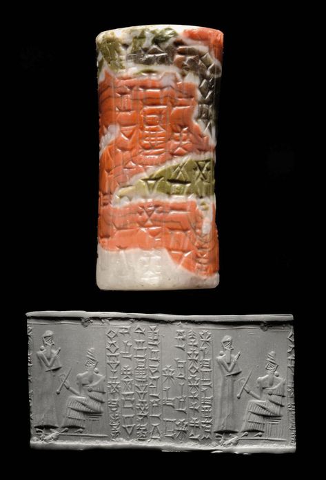 A KASSITE RED, GREEN AND GREY AGATE CYLINDER SEAL | CIRCA 14TH-13TH CENTURY B.C. | 14th Century B.C., Ancient Art & Antiquities | Christie's Sumerian Language, Gem Decorations, Horned Headdress, Ancient Babylon, Ancient Beads, Egyptian Kings, Cylinder Seal, Ancient Jewellery, Ancient Mesopotamia