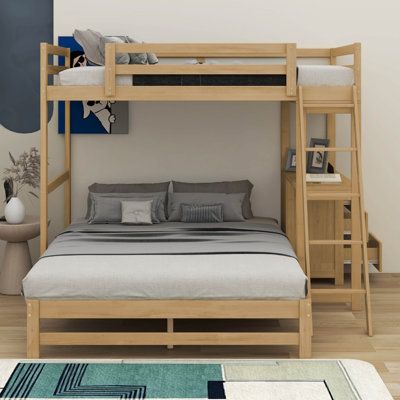 Made of solid pine and MDF, this bunk bed frame is sturdy and durable. The upper bed can hold up to 250 pounds and the lower bed can hold up to 400 pounds, making it perfect for children. The bunk bed comes with full-length guard rails to ensure child safety. The bunk bed design efficiently utilizes vertical space, freeing up space under the bed. It can also be divided into two separate beds for easier use. | Harriet Bee Jamarrio Twin over Full Bunk Bed w/ Built-in Desk and Three Drawers Brown 6 Bunk Bed For Adults Macy's, Bunk Bed King Size, Bunk Trundle Bed, Adult Bunk Beds For Small Room Overstock, Bunk Bed With Toy Storage, Bunk Single Bed, Bunk Bed Turned Loft Bed, Twin Bunk Over Futon With Stairs, Bunk Full Beds