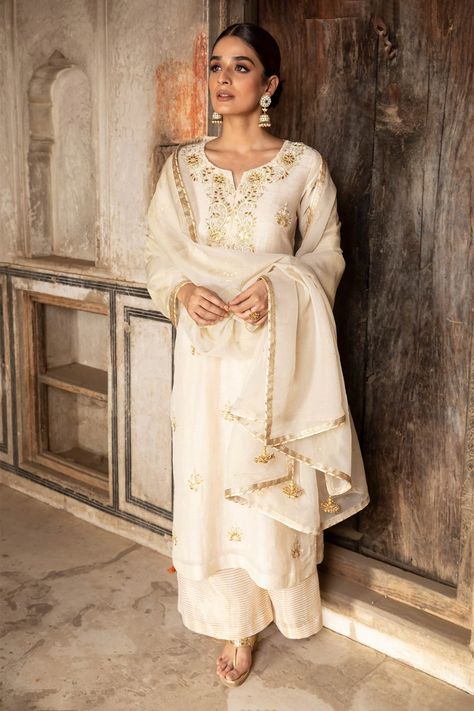 Buy Kritika Dawar White Linen Silk Embroidered Palazzo Set Online | Aza Fashions Tissue Dupatta, Organza Kurta, Ivory Suit, Gota Embroidery, Yellow Kurta, Kurta Pant Set, White Kurta, Gota Work, New Address