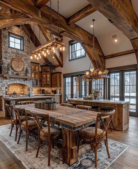 Log Cabin Homes Kitchen, Canadian House Interior Design, Western House Decor Ranch Style Rustic, Western House Interior, Old Fashioned Interior, Western Houses Ranch Style, Timber Frame Ceiling, Modern Log Home Interiors, Western Style House