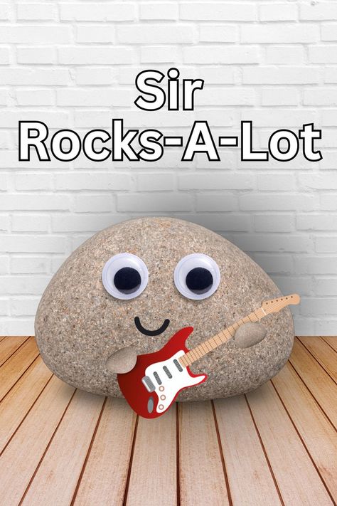 Funny pet rock named 'Sir Rocks-A-Lot' holding a guitar. A perfect quirky and musical addition to your collection of pet rocks. Pet Rock Ideas, Pet Rock, Funny Names, Pet Rocks, Rock Ideas, Stone Cold, Rock Art, Rock Painting, Business Ideas