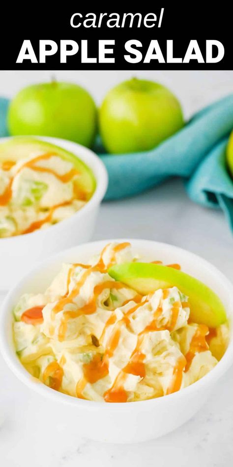 Caramel Apple Salad Caramel Apple Fruit Salad, Caramel Apple Fluff, Caramel Apple Salad Recipe, Apple Banana Salad, High Protein Apple Salad, Candy Apple Salad, Apple Fruit Salad, Fall Apple Salad, Apple Salads