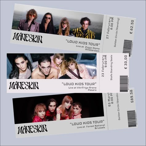 Concert Marketing Ideas, Music Ticket Design, Diy Concert Tickets, Rock Concert Tickets, Concert Tickets Aesthetic, Vip Pass Design, Concert Ticket Design, Maneskin Concert, Halsey Concert