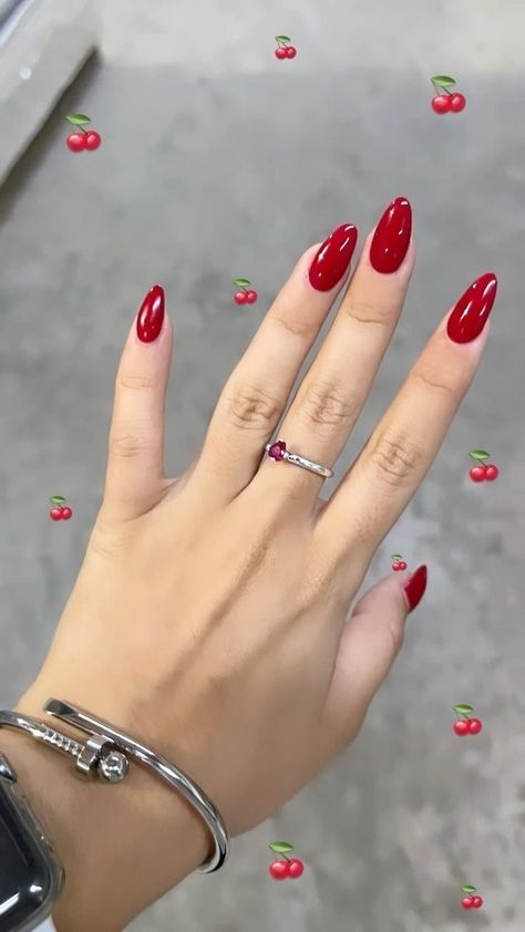 Scarlett Red Nails, Candy Apple Red Nails Acrylic, Red Cherry Nail Art, Different Shades Of Red Nails, Cherry Red Nails Almond, Bright Red Almond Nails, Basic Red Nails, Cherry Red Nail Designs, Cherry Red Nails Acrylic