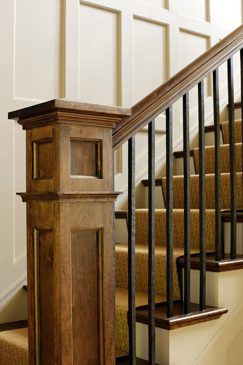 Craftsman Newel Post, Box Newel Post, Newel Posts For Stairs, Stairs Metal, Rustic Staircase, Metal Spindles, Painted Staircases, Stair Rails, Handrail Design