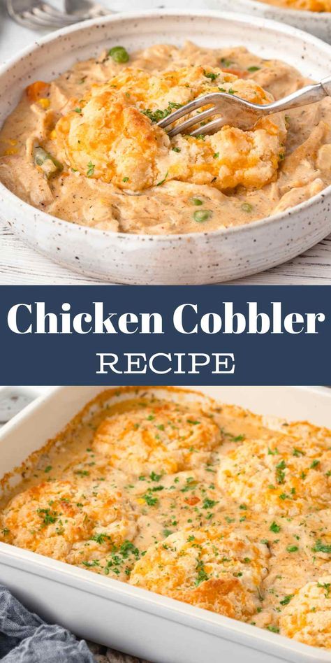 Chicken Cobbler Savory Cobbler Topping, Chicken Pie Cobbler, Savory Cobbler Recipes, Bisquick Chicken Casserole, Chicken Cobbler With Bisquick, Chicken Cobbler Casserole, Cobbler With Bisquick, Chicken Cobbler Recipe, Garlic Cheddar Biscuits