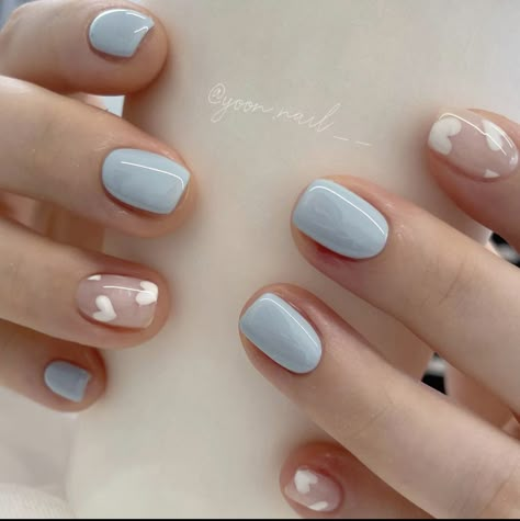 Pastel Blue Nails, Korean Heart, Nail 2023, Plum Nails, Shellac Nail Art, Sheer Nails, Nails Heart, Heart Nail Designs, Short Gel Nails