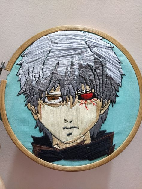 Embroidery of Kaneki Ken from Tokyo Ghoul Anime Eye Embroidery, Anime Embroidery, Ken Tokyo Ghoul, Tokyo Ghoul Anime, Kaneki Ken, Human Face, Art Anime, Tokyo Ghoul, Embroidery Art