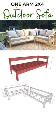 2x4 Outdoor Sofa, One Arm Sofa, White Patio Furniture, Outdoor Sofa Diy, Outdoor Furniture Plans, Outdoor Couch, Furniture Patio, Diy Sofa, Patio Furniture Ideas