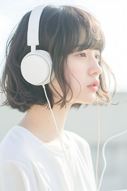 A woman listening to music with a headset on Listening To Music Reference, Holding Headphones Pose, Girl With Headphones Art, Headphones On Head, Girl Listening To Music, Woman Listening To Music, Big Headphones, Project Cover, Headphones Art