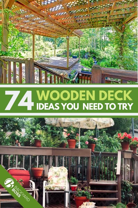 From simple and elegant to ultra-modern, this post will show you 74 deck design ideas to awe and inspire you. Decks are the meeting place of the backyard. Make yours amazing. Unique Deck Ideas, Wooden Deck Ideas, Simple Deck Designs, Small Deck Designs, Colorful Patio Decor, Back Deck Designs, Wood Deck Patio, Wooden Deck Designs, Patio Upgrade