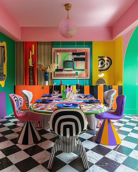 A House inspired by Memphis Design Style :: Behance Pop Arcade Interior, Bright Colors Interior Design, Memphis Design Bedroom, Memphis Design Aesthetic, Memphis Style Interior, Memphis Bedroom, Pop Interior Design, Memphis Interior Design, Colourful Cafe