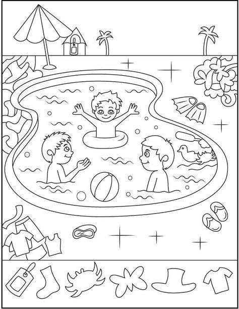 Pool Drawing, Jungle Thema, Summer Worksheets, Pool Colors, Kids Worksheets Printables, Summer Coloring Pages, Hidden Pictures, Hidden Objects, Cool Coloring Pages