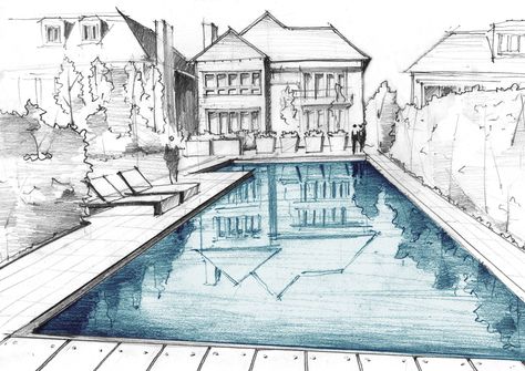 Pool Sketch, Swimming Pool Drawing, Pool Drawing, Perspective Drawings, Manga Ideas, Building Sketch, Car Design Sketch, Perspective Drawing, Private Pool