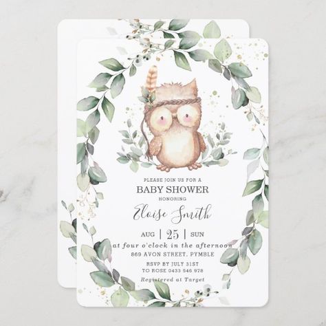 Whimsical Owl Rustic Greenery Neutral Baby Shower Invitation Owl Baby Shower Invitations, Baby Shower Invites Neutral, Rustic Baby Shower Invitations, Whimsical Owl, Boho Baby Shower Invitations, Woodland Baby Shower Invitations, Owl Baby, Owl Baby Shower, Owl Theme