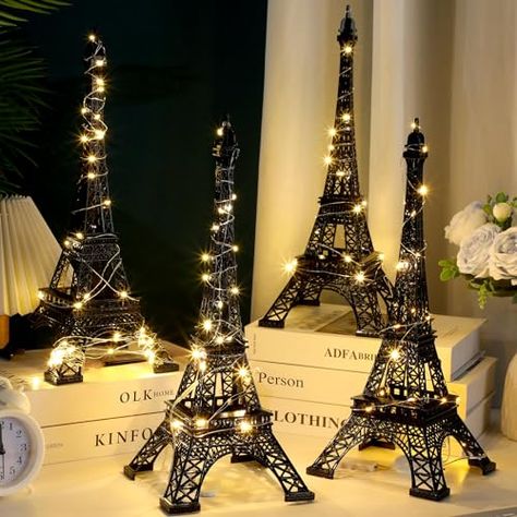 Briwooody 4 Pcs Eiffel Tower Statue Decor 15 Inch 10 Inch Metal Collectible Figurine Paris Themed Eiffel Tower Cake Topper with 2 Light Strings for Party Table Centerpiece Kitchen Decoration (Black) Night In Paris Centerpiece, Night In Paris Theme Party, Budget Kids Birthday Party, Night In Paris Prom, Eiffel Tower Centerpieces, Paris Theme Centerpieces, Paris Prom Theme, Paris Theme Party Decorations, Black Eiffel Tower