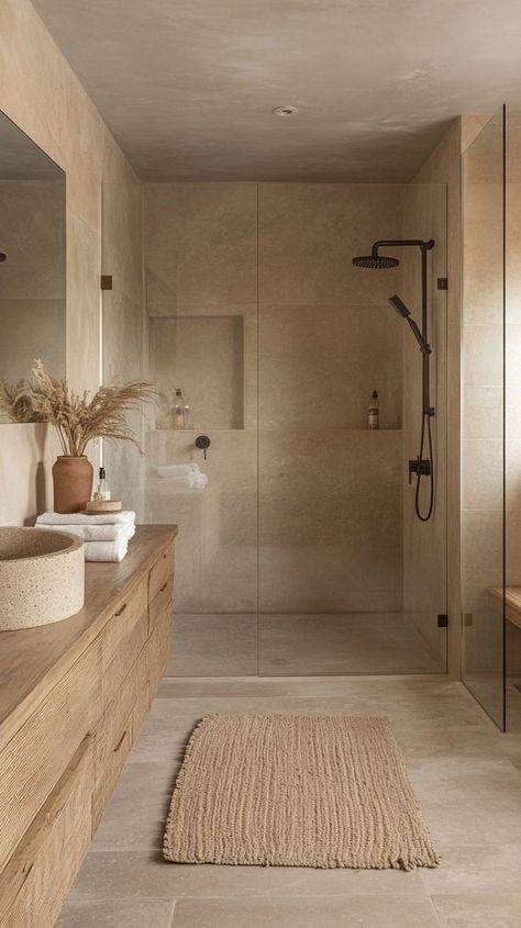 Light Tile Bathroom, Light Bathroom Tiles, Textured Walls Bathroom, Desert Modernism Interior, Bathroom With Wood Wall, Minimalistic Bathroom Design, Travertino Bathroom Design, Small Bathroom With Shower And Bath, Shower Room Ideas Walk In