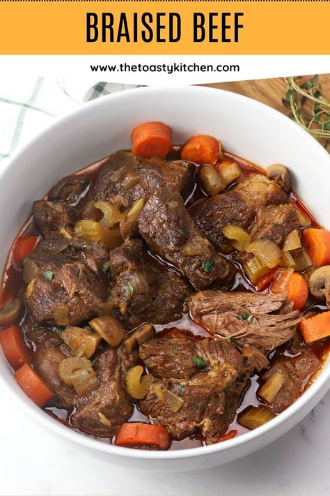 Braised beef by The Toasty Kitchen. Braised beef is seared and slow-cooked on the stovetop until fall-apart tender. Chuck roast, vegetables, and fresh herbs are cooked in a rich, savory sauce that makes the ultimate comforting meal. #beef #fall #mains Beef Chuck Underblade Recipes, Beef Shoulder Recipes, Easy Beef Stew Stove Top, Beef Steak Recipe, Carrots Slow Cooker, Tender Chuck Roast, Beef Stew Stove Top, Mexican Shredded Beef, Slow Cooker Roast Beef