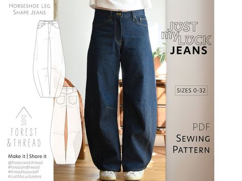 Horseshoe Jeans PDF Sewing Pattern - Sizes 0-32, With Video Tutorial Workshop Barrel Pants Sewing Pattern, Sew Pants Pattern, Diy Trousers, Jeans Sewing Pattern, Sewing Outfits, Horseshoe Jeans, Sewing Darts, Just My Luck, Find Style