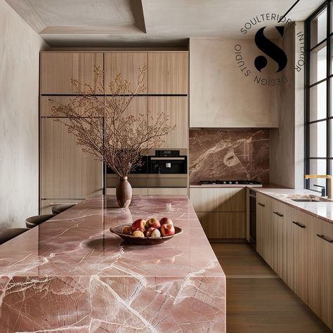 Modern + warmth and soul 👌🏻 #kitchen #kitchendesign #interior #interiordesign Calcutta Viola Marble Kitchen, Pink Marble Kitchen, Modern Kitchen Apartment, Pantry Inspiration, Dream House Aesthetic, Soul Kitchen, Earthy Home, Minimal Kitchen, How To Give