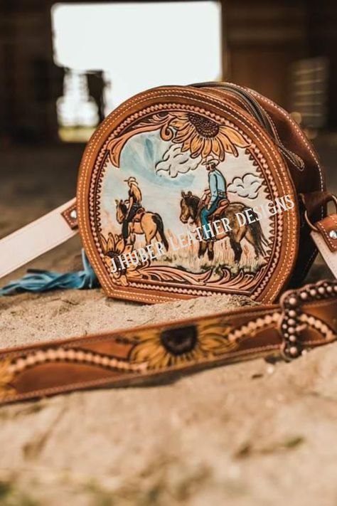 tooled leather bag, custom tooled leather round bag, custom leather work Western Bag, Round Purse, Jewerly Boxes, Round Leather, Leather Pattern, Leather Projects, Leather Tooling, Leather Working, Leather Craft