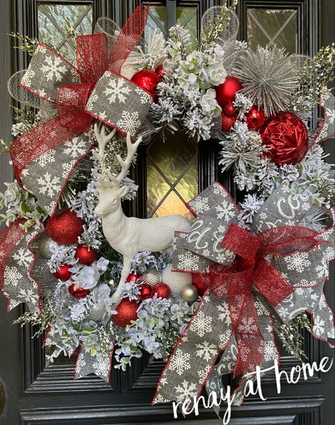 Christmas Reths, Christmas Wreaths Flocked, White Flocked Wreath, Red And White Wreath Ideas, Reindeer Wreaths Diy, Silver And Red Christmas Wreath, Flocked Christmas Wreath Ideas, Flocked Wreath Decorating Ideas, Red And White Christmas Wreath Ideas