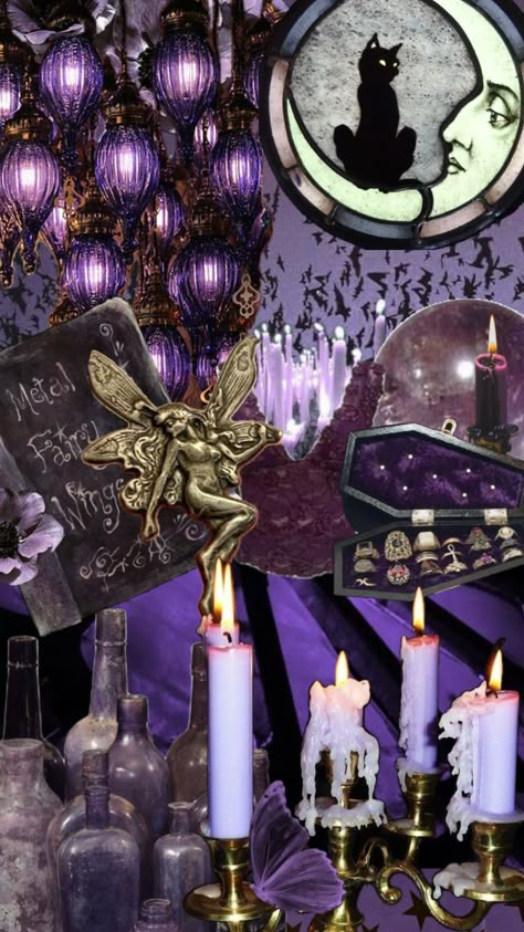 #whimsigoth #witch #purple #90s #fairycore #moon Purple Black And Gold Bedroom, Purple Whimsigoth Aesthetic, Deep Purple Aesthetic Wallpaper, Purple Witch Wallpaper, 90s Whimsigoth Bedroom, Whimsigoth Moodboard, Halloween Wallpaper Purple, Purple And Green Room, Purple Gothic Aesthetic