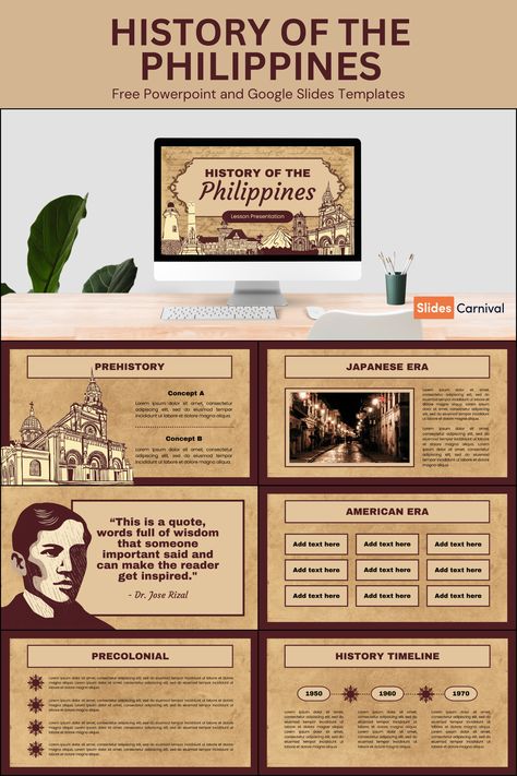 Rizal Ppt Template, History Powerpoint Ideas, Jose Rizal Ppt Template, Canva Presentation Ideas Vintage, Historical Ppt Template, Brown Powerpoint Template, History Slide Presentation, Google Slides Presentation Design, History Presentation Template