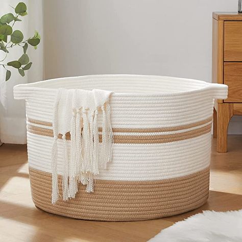 Diy Storage Baskets, Woven Rope Basket, Basket For Living Room, Basket For Toys, Woven Laundry Basket, Felt Basket, Cotton Rope Basket, Doll Storage, Large Laundry Basket