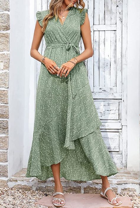 BTFBM Women's Summer Dresses Ruffle Cap Sleeveless V Neck Boho Floral Print Wrap Side Split Long Beach Maxi Dress with Belt(Floral Green, X-Large) : Clothing, Shoes & Jewelry Beach Wrap Dress, Bohemian Sundress, Floral Print Long Dress, Beach Sundress, Summer Tank Dress, Print Long Dress, Floral Print Dress Long, Chiffon Dress Long, Lace Up Dress