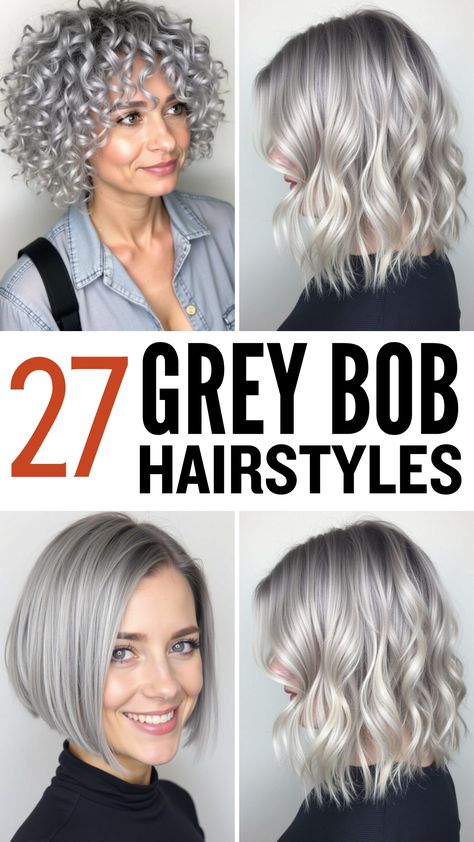 Discover 27 chic and stylish grey bob hairstyles for 2024 that are perfect for every occasion. From sleek straight bobs to textured waves, these grey haircuts offer a fresh and modern look. Whether you're embracing your natural greys or trying out a bold new color, these trendy bob hairstyles will inspire your next salon visit! Silver Short Hairstyles, Short Silver Grey Hair Bobs, Short Hair Styles For Grey Hair, Bob Hairstyles Grey Hair, Gray Hair Styles For Women Over 50, Short Grey Hair Over 50 Modern Haircuts, Shoulder Length Gray Hair, Short Gray Bob, Gray Bob Hairstyles Over 50