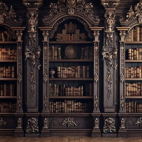 Gothic Bookshelf, Victorian Bookshelf, Library Academia, Gothic Bookshelves, Library Goals, Dark Bookshelves, Dark Academia Widget, Studio Background Ideas, Bookshelf Library