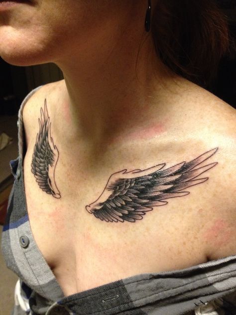 Wing Tattoo On Chest Men, Angel Wing Chest Tattoo, Wings On Collar Bone Tattoo, Wings Tattoo Collar Bone, Wing Tattoo On Collar Bone, Angel Wings Chest Tattoo Female, Wings Tattoo On Chest, Angel Wings Collar Bone Tattoo, Collar Bone Wing Tattoo