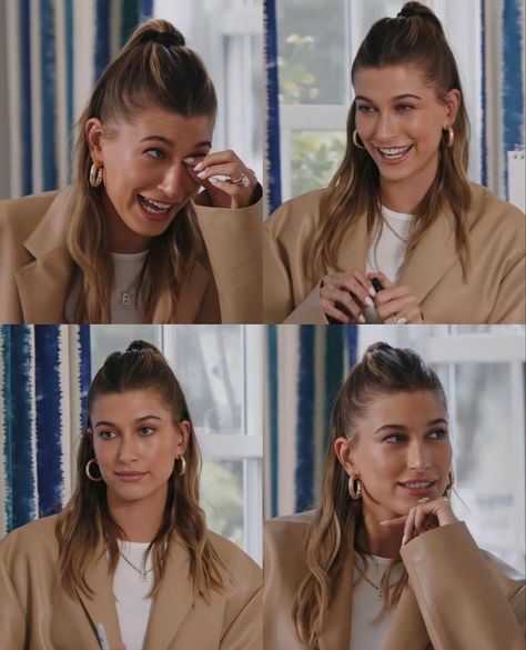 Hailey Bieber Hairstyles Tutorial, Hailey Bieber Hairstyles, Hailee Bieber, Hailey Style, Hayley Bieber, Hailey Baldwin Style, Ponytail Hairstyles Easy, Half Ponytail, Celebrity Makeup Looks