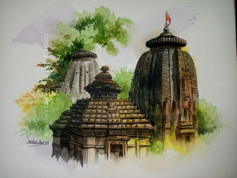 Indian Temple Watercolor Paintings, Sketch Book Water Colour, Water Colour Landscape Paintings, Temple Painting Indian, Temple Watercolor Paintings, Water Colour Art Landscape, Water Colour Landscape, Temple Painting, Watercolor Indian